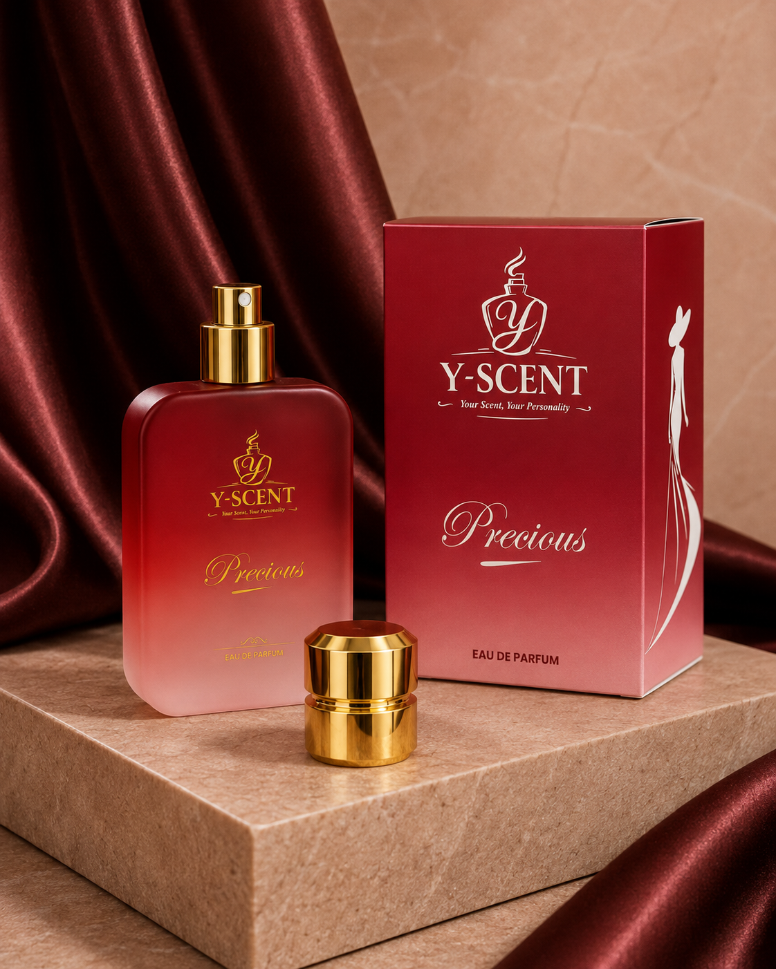 Y-SCENTS Precious Eau de Parfum bottle with cap removed and corrected presentation box
